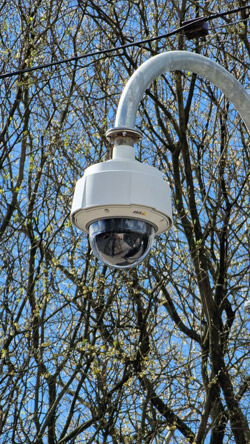 Axis PTZ camera on a swan neck bracket in front of trees